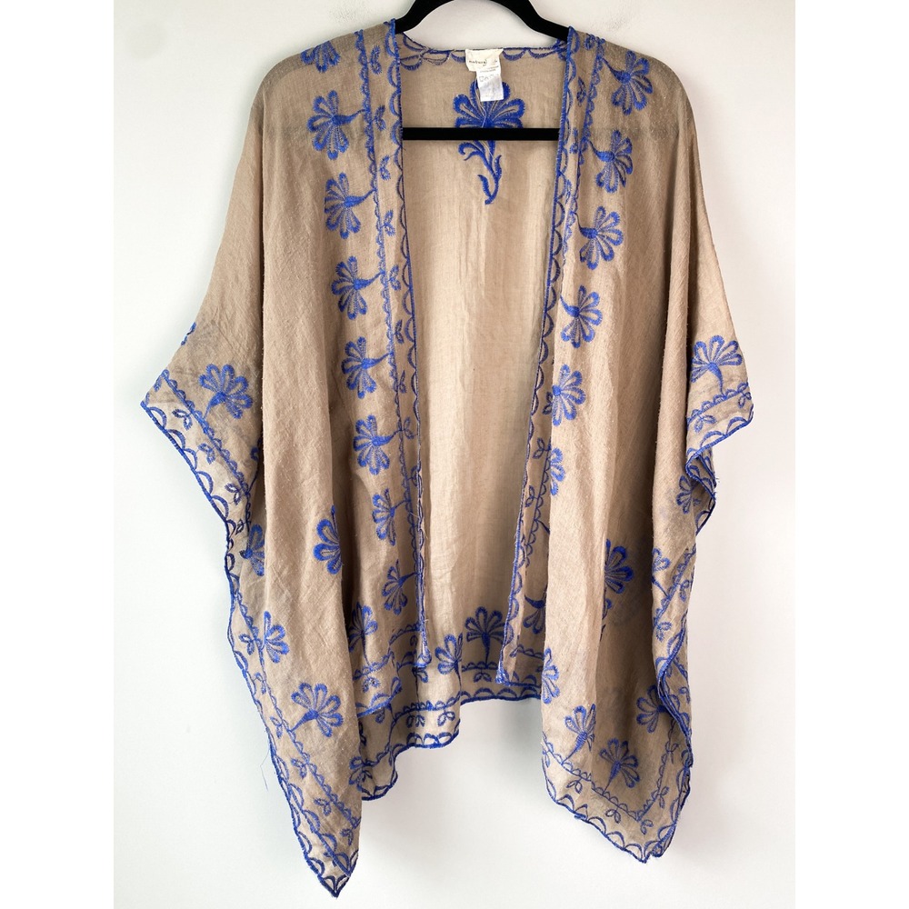 Natural Life Womens Kimono Wrap OS Tan Blue Floral Embroidered Boho Festival